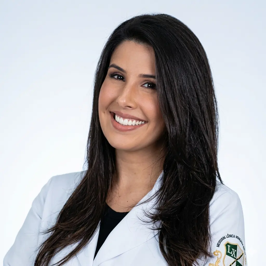 Dra. Isabela Morais, médica clínica em Belo Horizonte, com expressão serena e traje profissional em sua clínica de medicina integrativa no bairro Funcionários